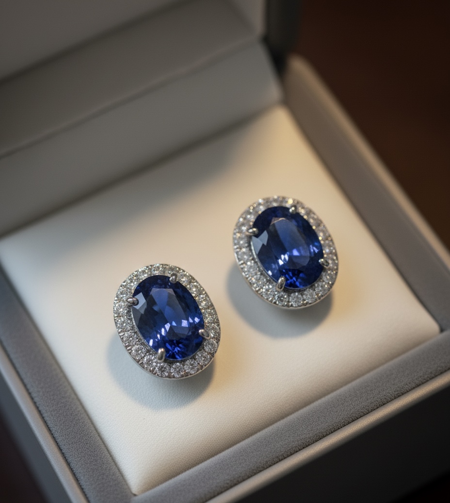 ✨ Elegant Blue Sapphire Halo Earrings – A Statement of Royal Luxury ✨